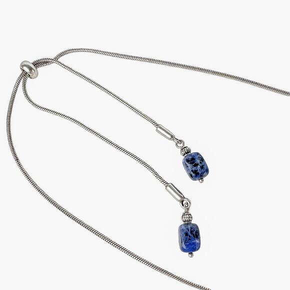 Chicos Beaded Pendant Necklace Tags Blue Silver Tone Pull Adjustable Slide Chain - Picture 9 of 10